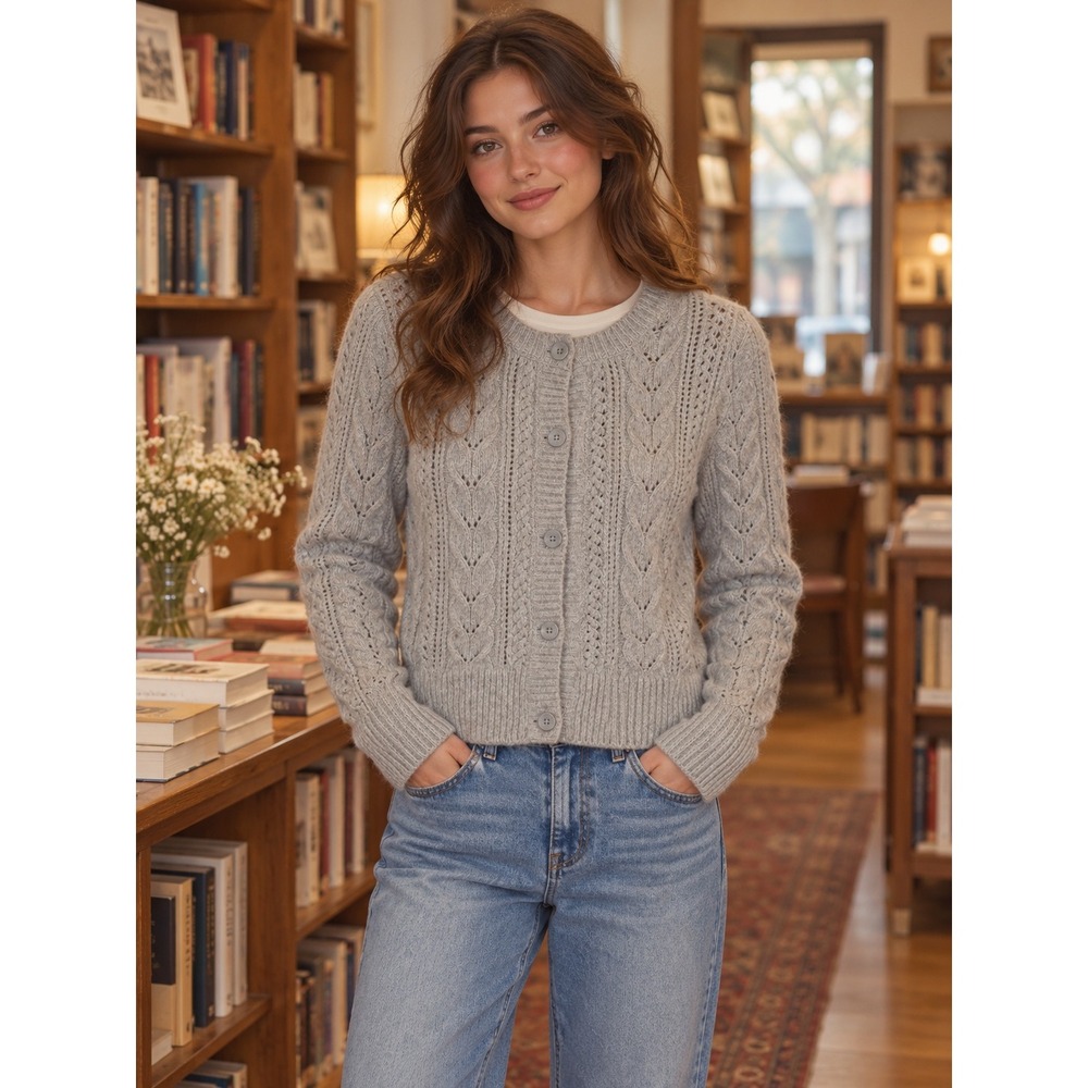 Hollister Cardigan Sweater Women Large Gray Cable Knit Pointelle Soft Girl